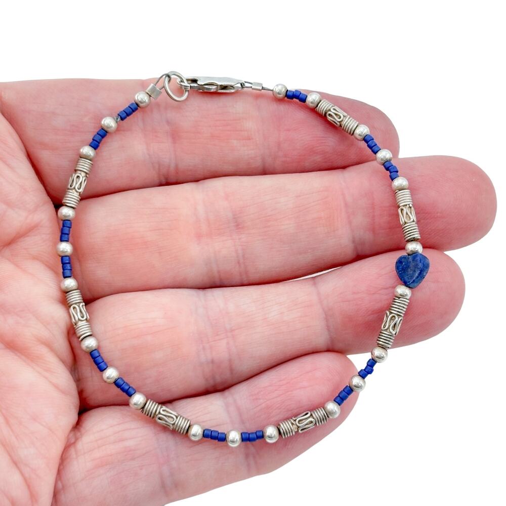 Vintage Sterling Silver 925 Lapis Lazuli Heart Beaded Bracelet 8"